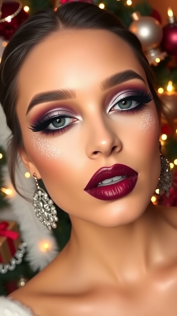 Glamorous violet Christmas makeup with shimmering accents and bold lips.